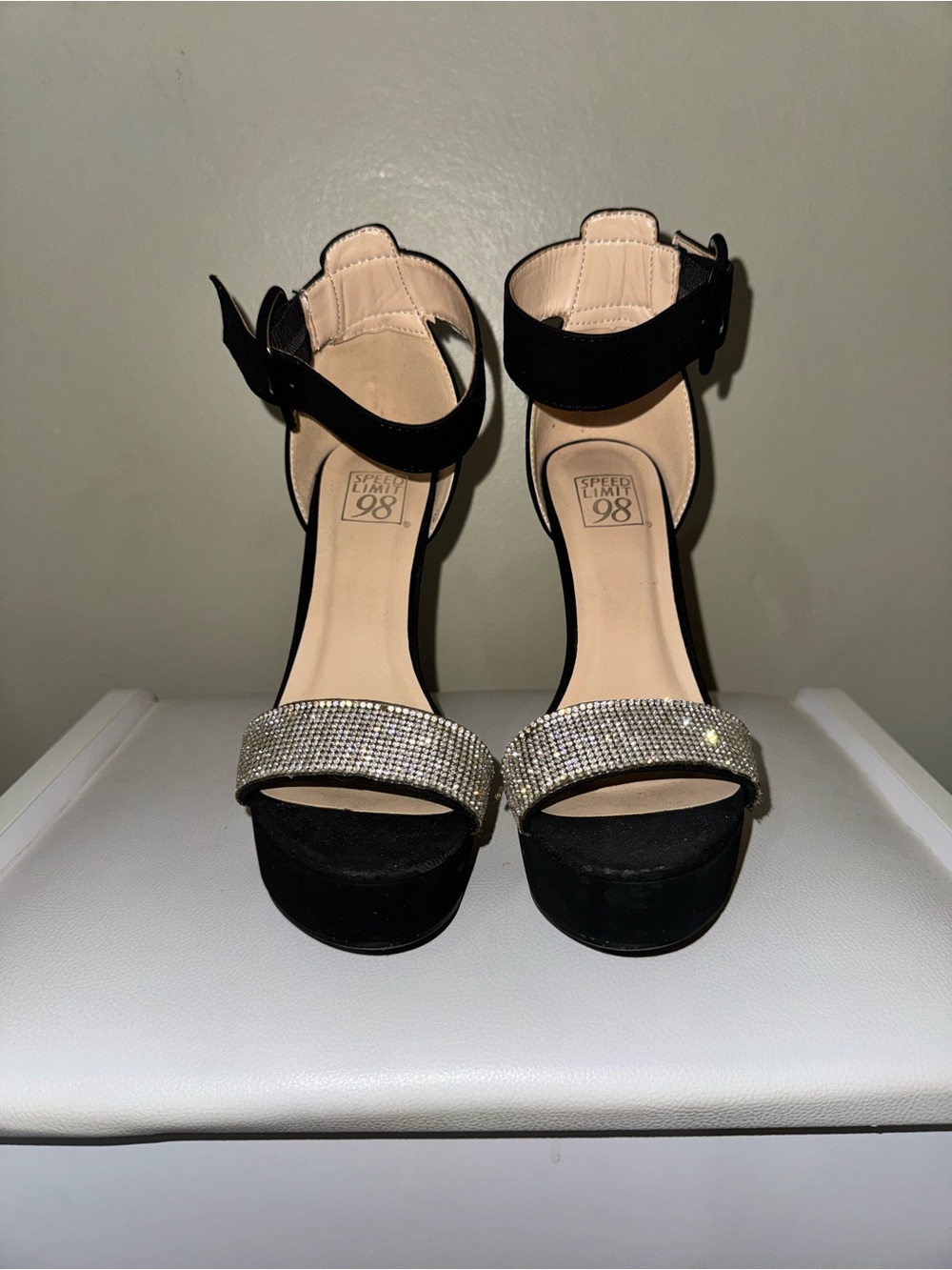 Crystal-Embellished Black Ankle-Strap Platform Heels